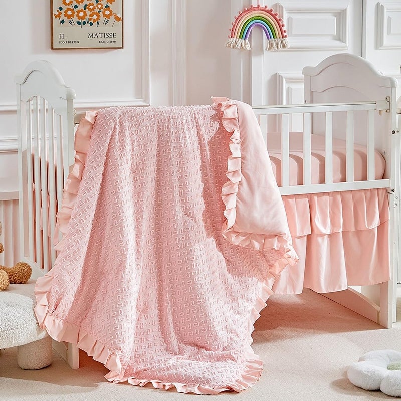 Flysheep 3 Pieces Tufted Crib Bedding Set with Ruffle Fringe Pink Ruffled Comforter with Fitted Sheet and Bed Skirt Soft and Embroidery Shabby Chic Boho Bohemian Jacquard Design for Baby Girls Boys - Image 1