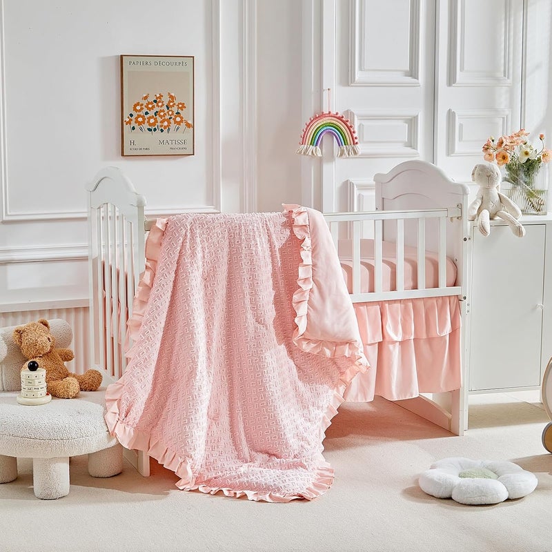 Flysheep 3 Pieces Tufted Crib Bedding Set with Ruffle Fringe Pink Ruffled Comforter with Fitted Sheet and Bed Skirt Soft and Embroidery Shabby Chic Boho Bohemian Jacquard Design for Baby Girls Boys - Image 3