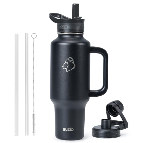 BUZIO Insulated Water Bottle with Handle & Flip Straw, 40oz Metal Travel Tumbler Fits in Cup Holders, Dishwasher Safe Leakproof Reusable Sport Mug, Gift for Women & Men, Keep Cold for 48hrs, Black - Image 1