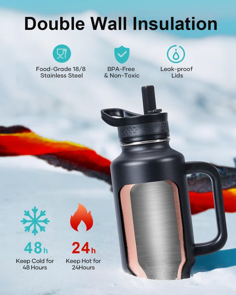 BUZIO Insulated Water Bottle with Handle & Flip Straw, 40oz Metal Travel Tumbler Fits in Cup Holders, Dishwasher Safe Leakproof Reusable Sport Mug, Gift for Women & Men, Keep Cold for 48hrs, Black - Image 3