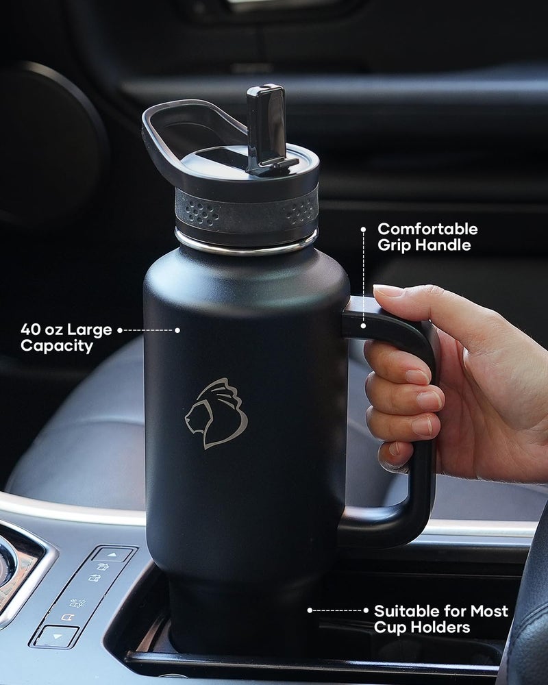 BUZIO Insulated Water Bottle with Handle & Flip Straw, 40oz Metal Travel Tumbler Fits in Cup Holders, Dishwasher Safe Leakproof Reusable Sport Mug, Gift for Women & Men, Keep Cold for 48hrs, Black - Image 2