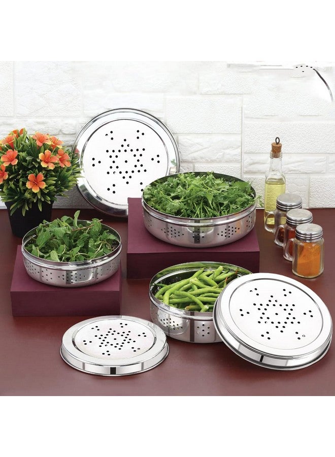 NATULIX Stainless Steel Hole Dabba with Air Ventilation, Food Storage Containers, Puri, Dhaniya, Sprout Maker, Dryfruits, Chocolates, Set of 3 - Silver - Image 2