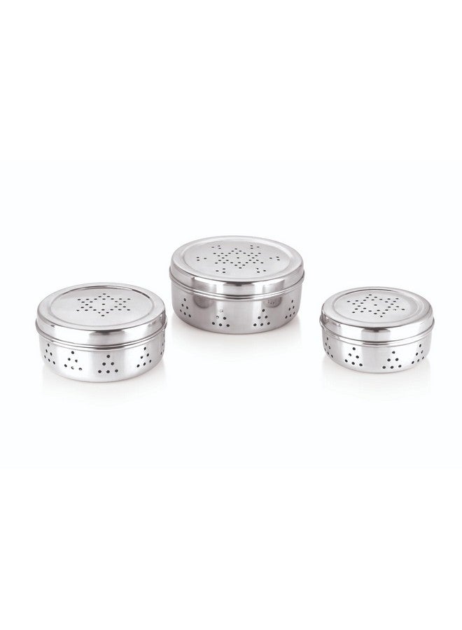 NATULIX Stainless Steel Hole Dabba with Air Ventilation, Food Storage Containers, Puri, Dhaniya, Sprout Maker, Dryfruits, Chocolates, Set of 3 - Silver - Image 3
