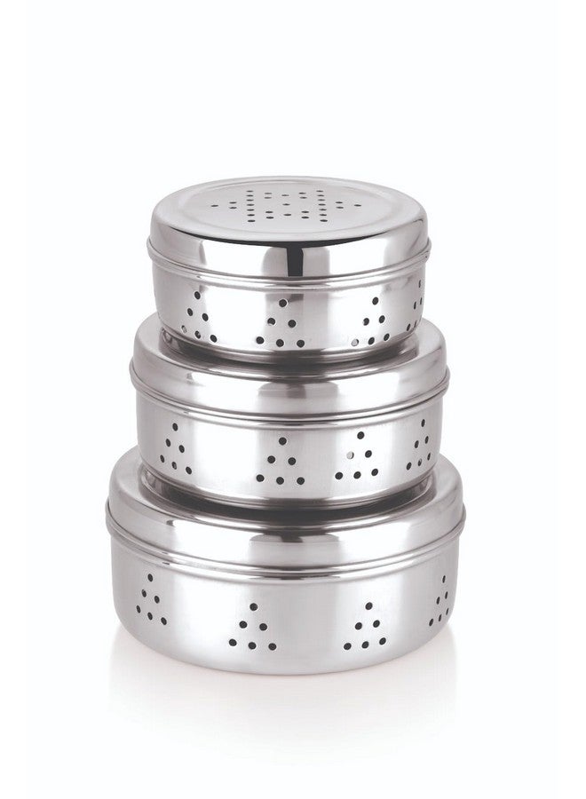 NATULIX Stainless Steel Hole Dabba with Air Ventilation, Food Storage Containers, Puri, Dhaniya, Sprout Maker, Dryfruits, Chocolates, Set of 3 - Silver - Image 1