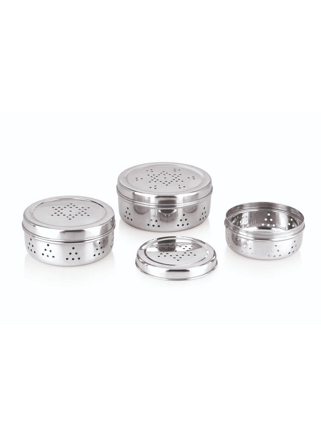 NATULIX Stainless Steel Hole Dabba with Air Ventilation, Food Storage Containers, Puri, Dhaniya, Sprout Maker, Dryfruits, Chocolates, Set of 3 - Silver - Image 4