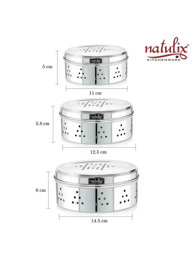 NATULIX Stainless Steel Hole Dabba with Air Ventilation, Food Storage Containers, Puri, Dhaniya, Sprout Maker, Dryfruits, Chocolates, Set of 3 - Silver - Image 5