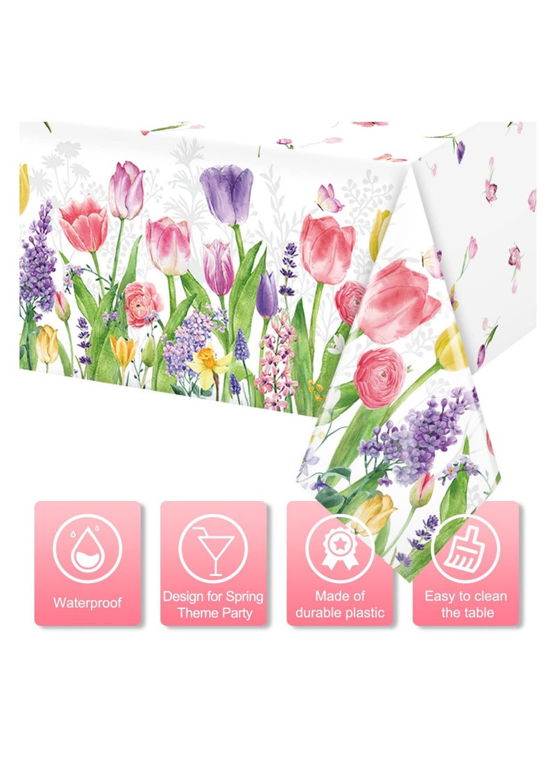 KASTWAVE Spring Lavender Tulip Plastic Tablecloth, Summer Blooming Floral Disposable Table Cloth, Watercolor Seasonal Holiday Table Cover for Picnic Spring Summer Party Decorations, 137 x 274CM(3PCS) - Image 3