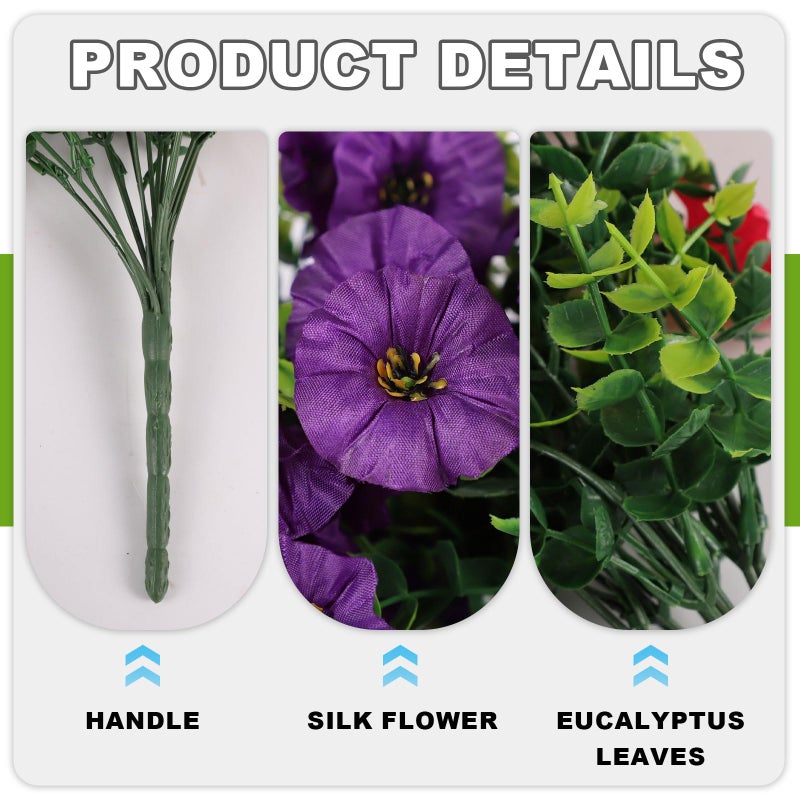ADXORA Fake Artificial Hanging Morning Glory Flowers for Outdoor Planters Porch Pation Decoration,8 Bundles UV Resistant Silk Faux Flowers with Realistic Eucalyptus Plants for Home Office Garden Decor - Image 3