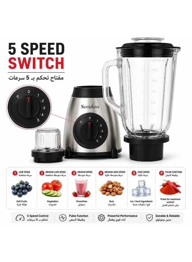 Silver Love 2-in-1 Blender & Grinder 1500ml + 150ml, 2500W, Variable Speed Control, Multi-Purpose Kitchen Blender, Black & Silver - Image 2