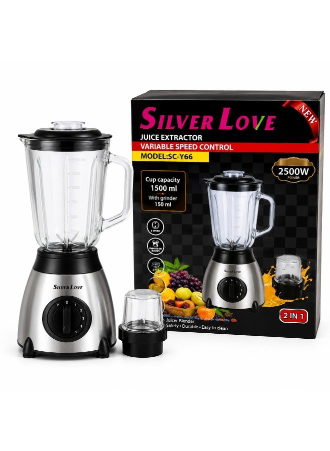 Silver Love 2-in-1 Blender & Grinder 1500ml + 150ml, 2500W, Variable Speed Control, Multi-Purpose Kitchen Blender, Black & Silver - Image 1