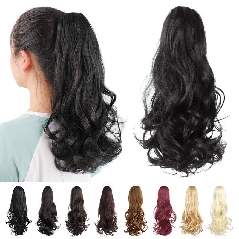 HSPJHTM Natural Black Ponytail Extensions16 Claw Clip Ponytails Extension for Women Curly Hair Piece Synthetic Pony Tail Wig Wavy Halloween Fluffy Hairpiece Daily Use