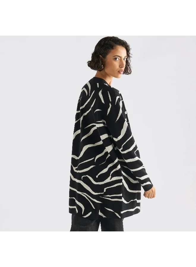 Splash FAV Textured Open Front Cardigan with Long Sleeves