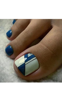24 Pcs Geometric Blue and White Press-on Toenails for Women and Girls, Stylish Stick-on Nails with Angular Patterns, False Toenails with Glossy Finish