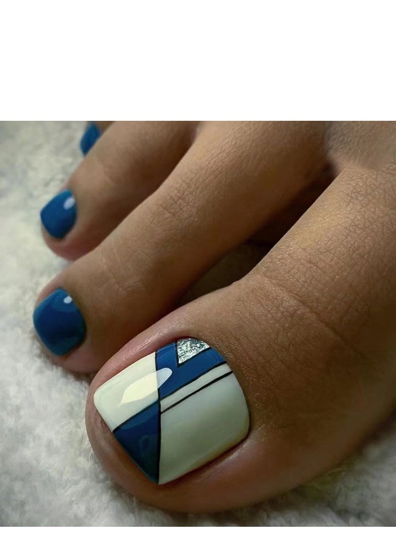 Generic - 24 Pcs Geometric Blue and White Press-on Toenails for Women and Girls, Stylish Stick-on Nails with Angular Patterns, False Toenails with Glossy Finish - Image 1
