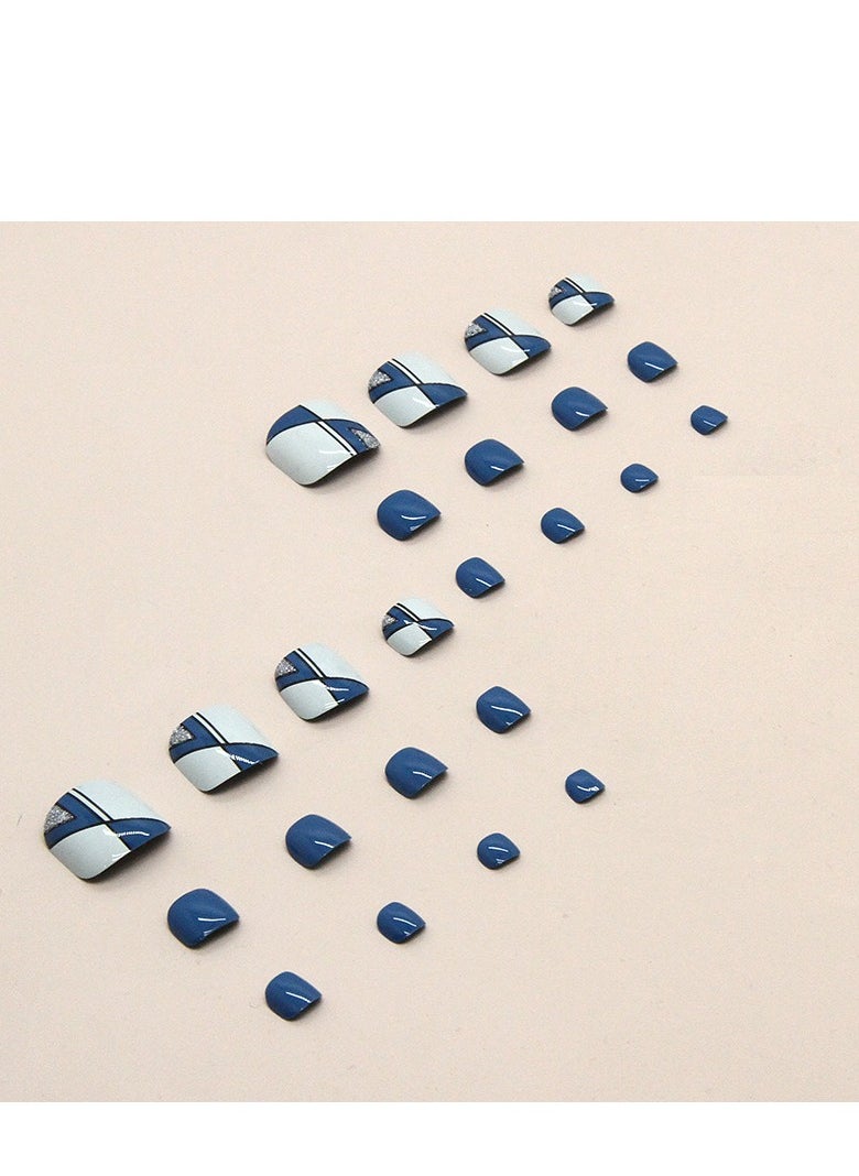 Generic - 24 Pcs Geometric Blue and White Press-on Toenails for Women and Girls, Stylish Stick-on Nails with Angular Patterns, False Toenails with Glossy Finish - Image 1