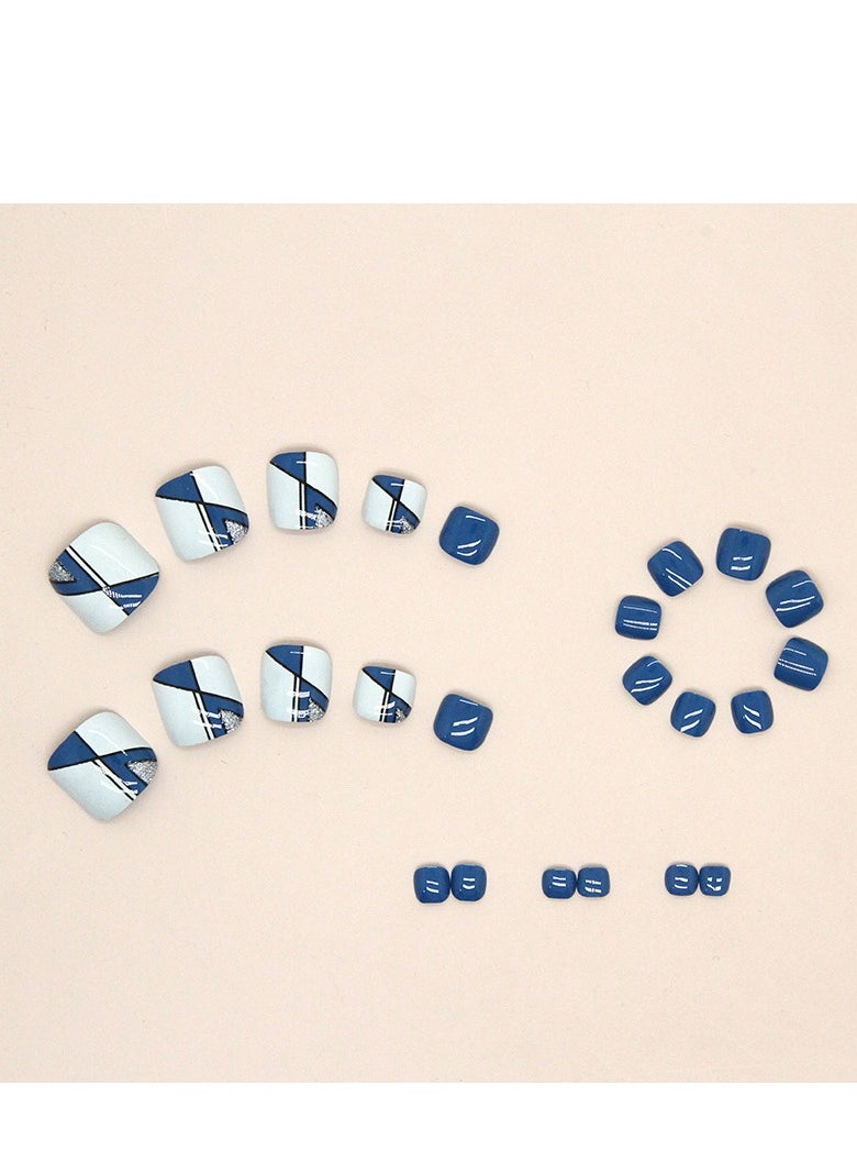 Generic - 24 Pcs Geometric Blue and White Press-on Toenails for Women and Girls, Stylish Stick-on Nails with Angular Patterns, False Toenails with Glossy Finish - Image 1
