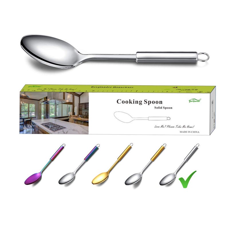 Berglander Solid Spoon, Stainless Steel Solid Cooking Spoons,Solid Serving, Kitchen Spoons, Spoon for Cooking, Basting Non-Stick And Heat Resistant, Dishwasher Safe (Silver) - Image 1