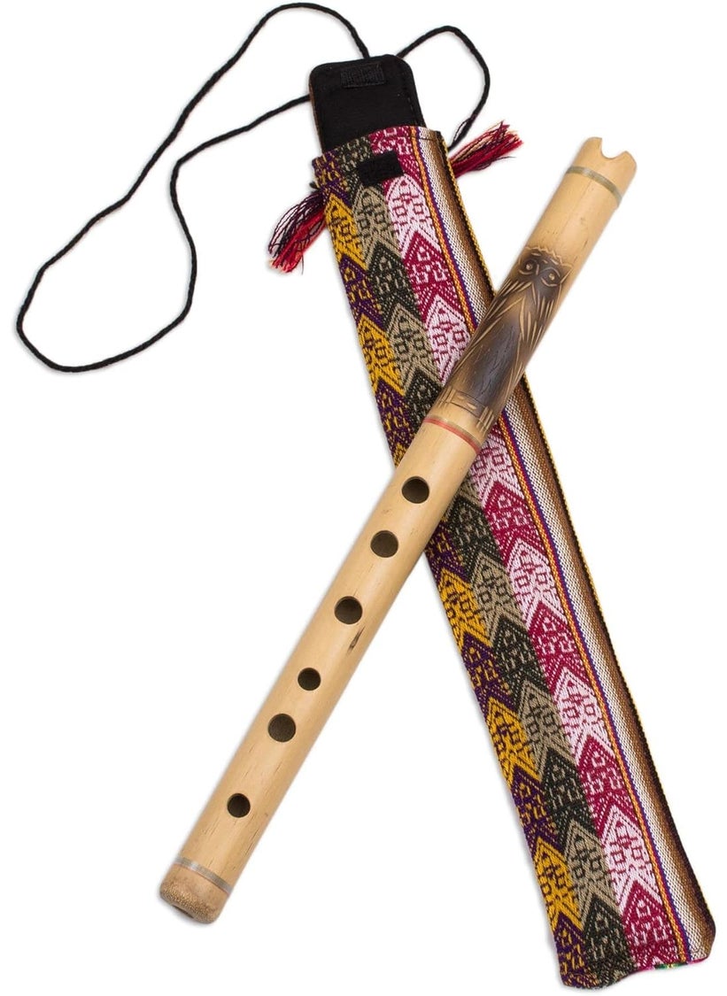 NOVICA NOVICA Bamboo Andean Quena Flute with Owl and Textile Carrying Case Night Owl  - Image 1