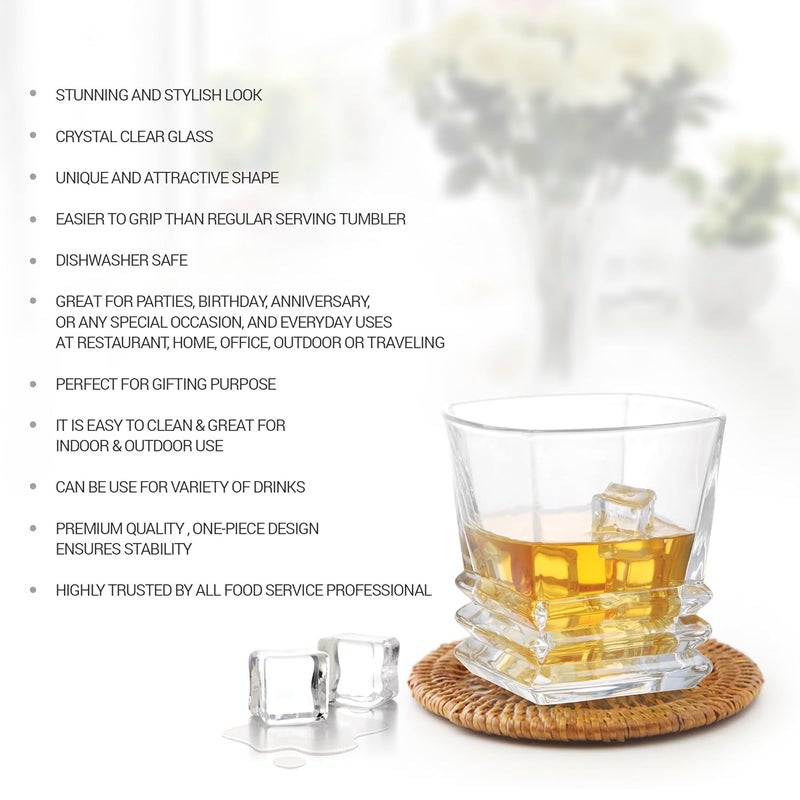 Treo by Milton Quadra On The Rocks Tumbler 290 ml Crystal Clear Whiskey Glasses Set of 6 Drinking Glass Tumblers for Water Juice Bourbon Wine Cocktail Perfect for Home Parties Restaurants - Image 4