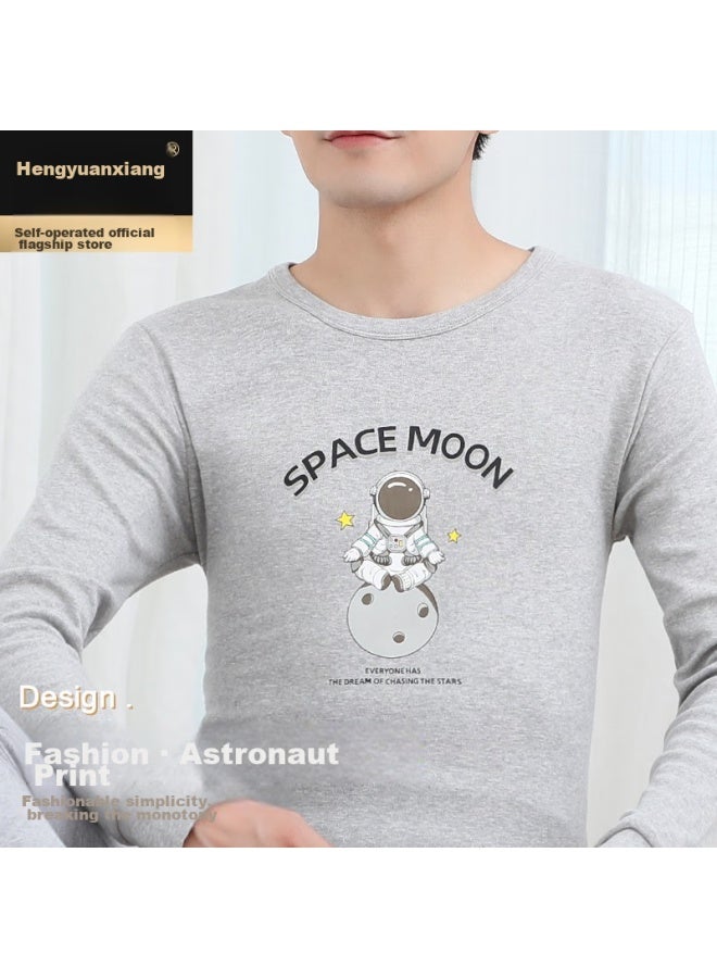 Hengyuanxiang Hengyuanxiang [best- 50,000 Sets] Men's Autumn Underwear Set, Pure Cotton Thermal Underwear With Printed Pattern, Base Layer Cotton Sweater, Light Gray - Printed Set  - Image 2
