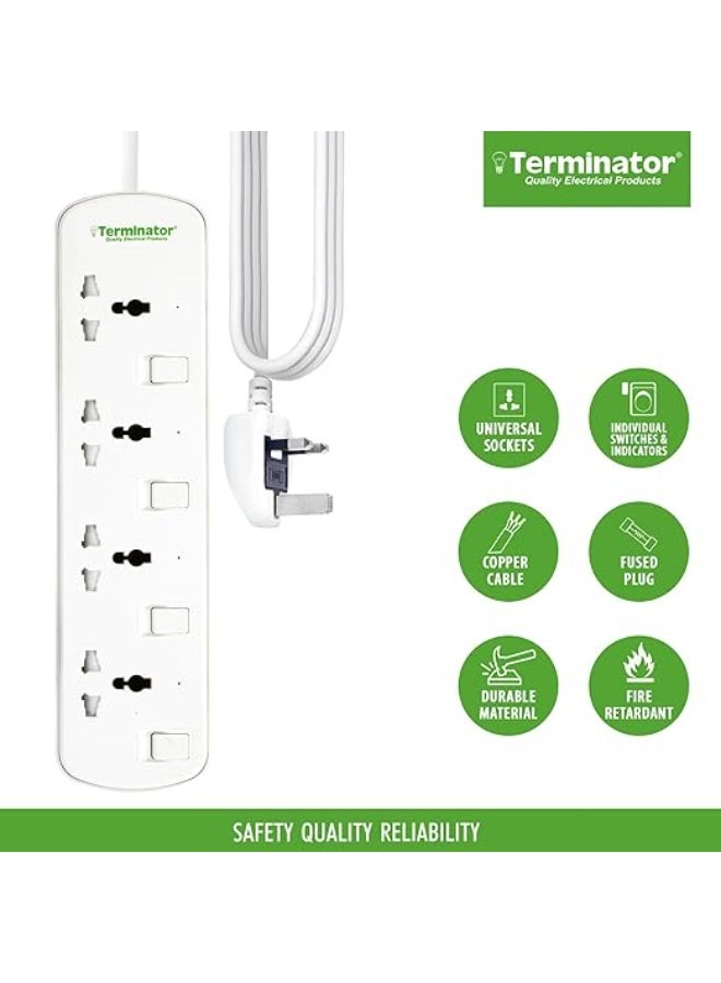 Terminator 4-way universal power extension socket with individual switches, LED indicators, 1.25mm² 4M cable, and 13A fused moulded plug - Image 2