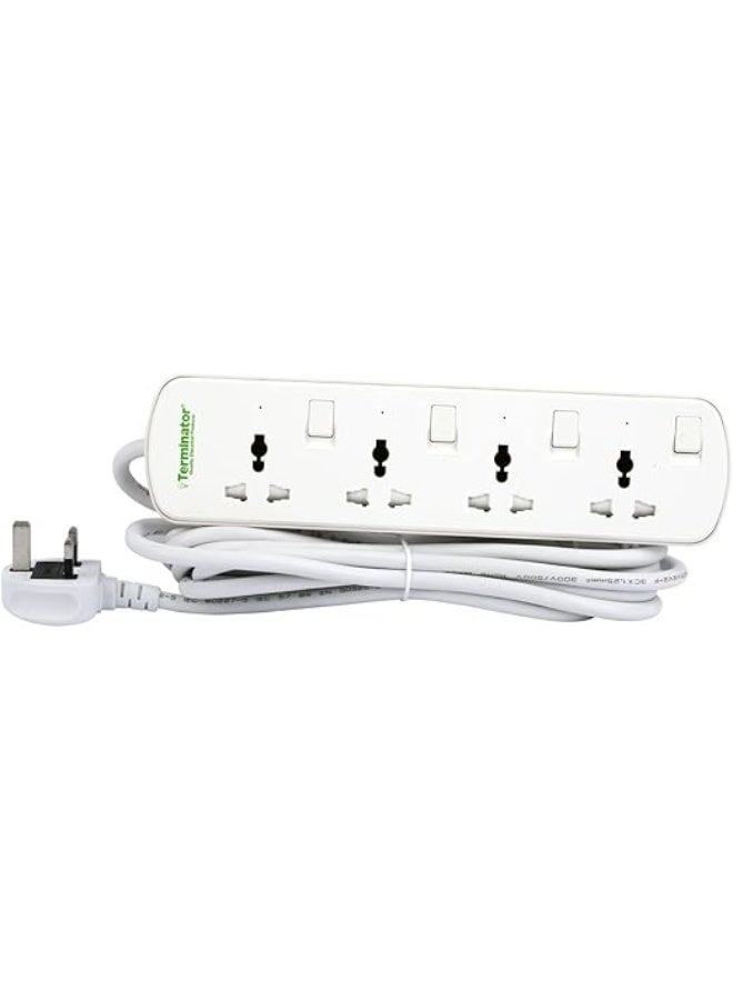 Terminator 4-way universal power extension socket with individual switches, LED indicators, 1.25mm² 4M cable, and 13A fused moulded plug - Image 1