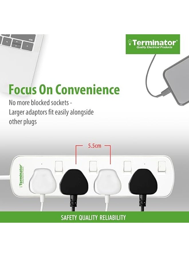 Terminator 4-way universal power extension socket with individual switches, LED indicators, 1.25mm² 4M cable, and 13A fused moulded plug - Image 3