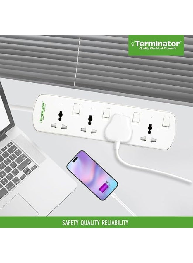 Terminator 4-way universal power extension socket with individual switches, LED indicators, 1.25mm² 4M cable, and 13A fused moulded plug - Image 4