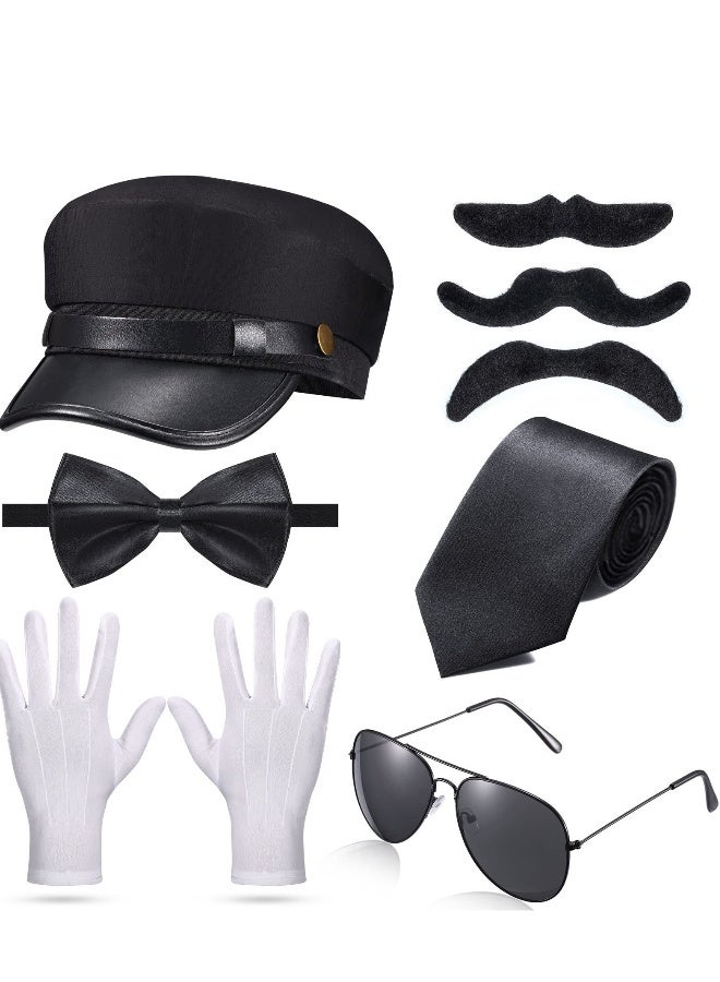 8 Pieces Chauffeur Costume Novelty Limo Driver Costume Black Chauffeur Hat Taxi Driver Hat Gloves Bow Tie Self Adhesive Fake Mustaches Beard Glasses - Image 1