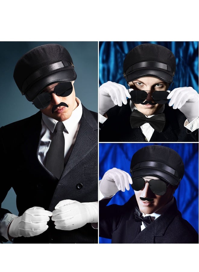 8 Pieces Chauffeur Costume Novelty Limo Driver Costume Black Chauffeur Hat Taxi Driver Hat Gloves Bow Tie Self Adhesive Fake Mustaches Beard Glasses - Image 2