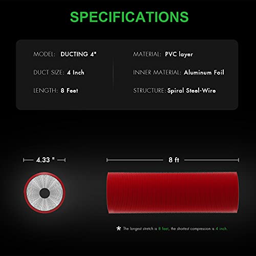 iPower Flexible 4 Inch 8 Feet Aluminum Ducting 4 Layer Protection Dryer Vent Hose for HVAC Heating Cooling Ventilation and Exhaust, 2 Clamps Included, Red - Image 4