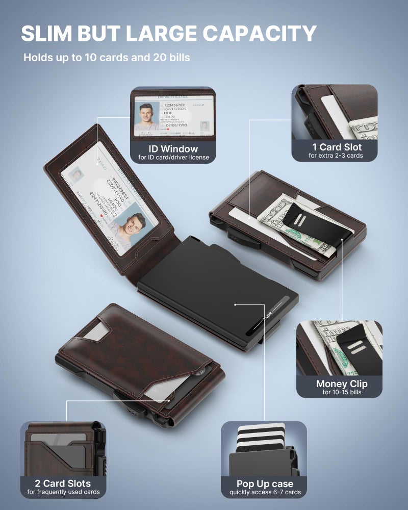 typecase Tactical Wallet for Men Card Holder: Pop Up Card Case, Genuine Leather, Smart, RFID Blocking, Slim, Minimalist, Thin, Front Pocket - 9-13 Card Capacitiy, ID Window, Money Clip (Deep Brown) - Image 2