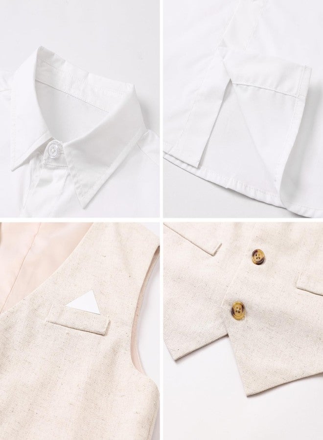 SANGTREE Baby Boy Suit Wedding Ring Bearer Outfits Vest Short Sleeve Bowtie Shirt Suspender Summer Gentleman Shorts Sets Linen Khaki01 9-12 Months = Tag 70 - Image 4