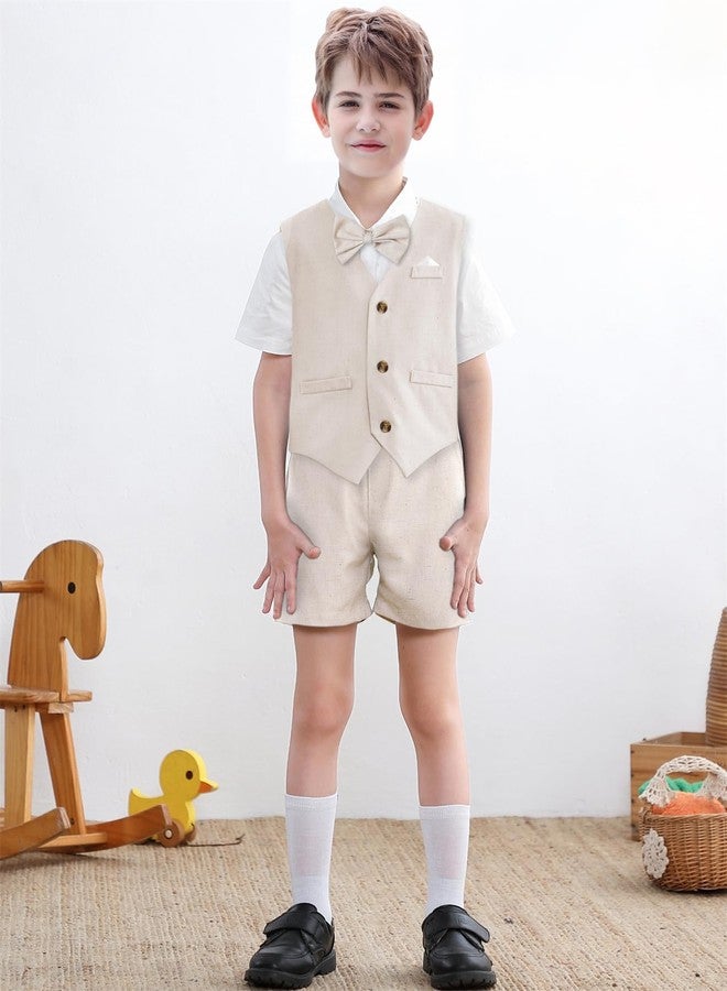 SANGTREE Baby Boy Suit Wedding Ring Bearer Outfits Vest Short Sleeve Bowtie Shirt Suspender Summer Gentleman Shorts Sets Linen Khaki01 9-12 Months = Tag 70 - Image 3