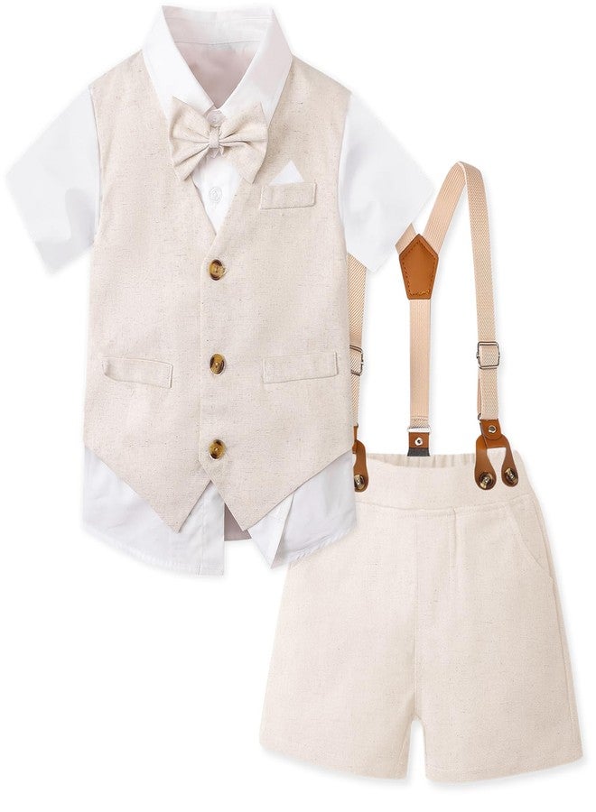 SANGTREE Baby Boy Suit Wedding Ring Bearer Outfits Vest Short Sleeve Bowtie Shirt Suspender Summer Gentleman Shorts Sets Linen Khaki01 9-12 Months = Tag 70 - Image 1