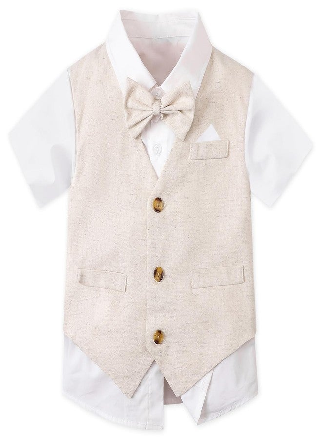 SANGTREE Baby Boy Suit Wedding Ring Bearer Outfits Vest Short Sleeve Bowtie Shirt Suspender Summer Gentleman Shorts Sets Linen Khaki01 9-12 Months = Tag 70 - Image 2