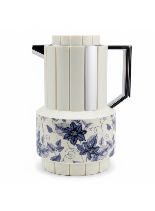Parati 1L Vacuum Flask – Off White | Silver & Blue Floral - Image 1