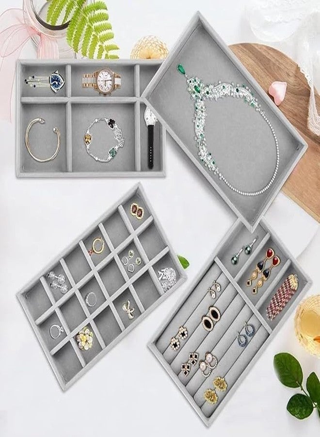 Caltero 4 Packs Velvet Jewelry Trays Organizer, Stackable Jewelry Display Trays For Drawer, Jewelry Storage Organizers Earring Necklace Bracelet Ring Holder Organizer (Grey) - Image 4