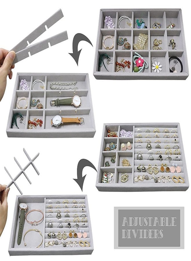 Caltero 4 Packs Velvet Jewelry Trays Organizer, Stackable Jewelry Display Trays For Drawer, Jewelry Storage Organizers Earring Necklace Bracelet Ring Holder Organizer (Grey) - Image 2