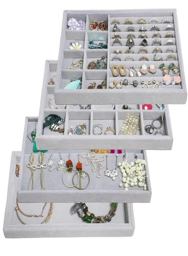 Caltero 4 Packs Velvet Jewelry Trays Organizer, Stackable Jewelry Display Trays For Drawer, Jewelry Storage Organizers Earring Necklace Bracelet Ring Holder Organizer (Grey) - Image 1