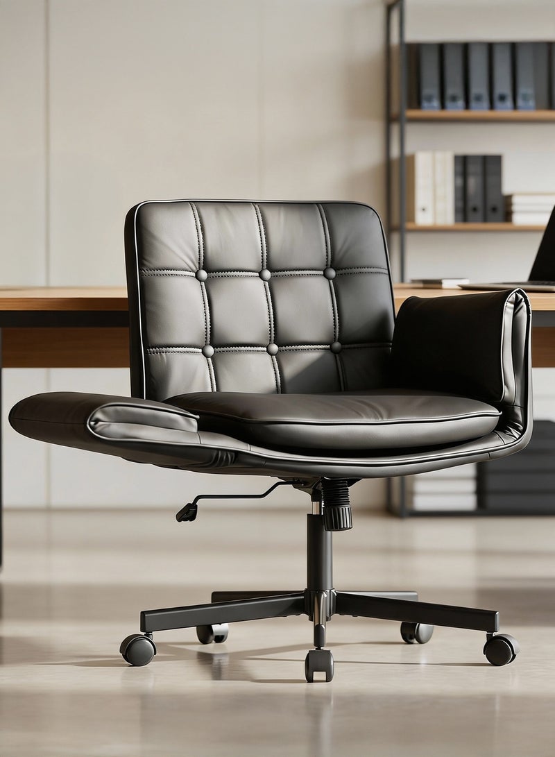 DROGO Ergonomic Criss Cross Legged Office Chair for Work with 5 Gear Armrest & Wide Thick Cushion Seat | PU Leather Computer Chair with Adjustable Height, Recline & Heavy Metal Base | Desk Chair for Home Black - Image 1