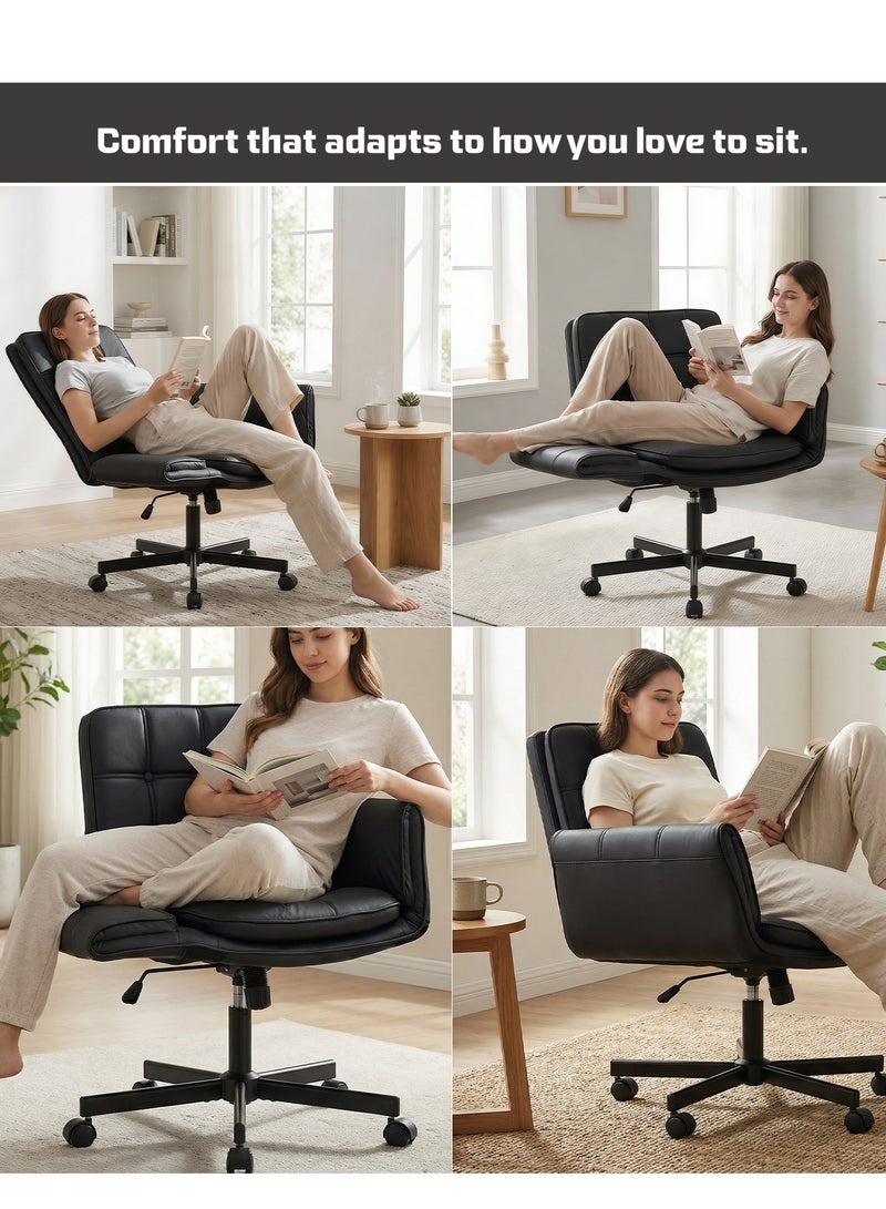 DROGO Ergonomic Criss Cross Legged Office Chair for Work with 5 Gear Armrest & Wide Thick Cushion Seat | PU Leather Computer Chair with Adjustable Height, Recline & Heavy Metal Base | Desk Chair for Home Black - Image 2