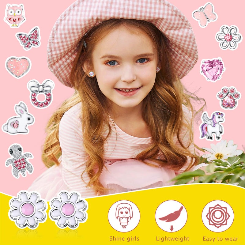 FUNRUN JEWELRY 12 Pairs Clip On Earrings for Women Hypoallergenic Fake Non Pierced Earrings Cute CZ Cat Fox Turtle Rainbow Flower Butterfly Heart Clip-On Earring Set Multicolored Silver A - Image 3