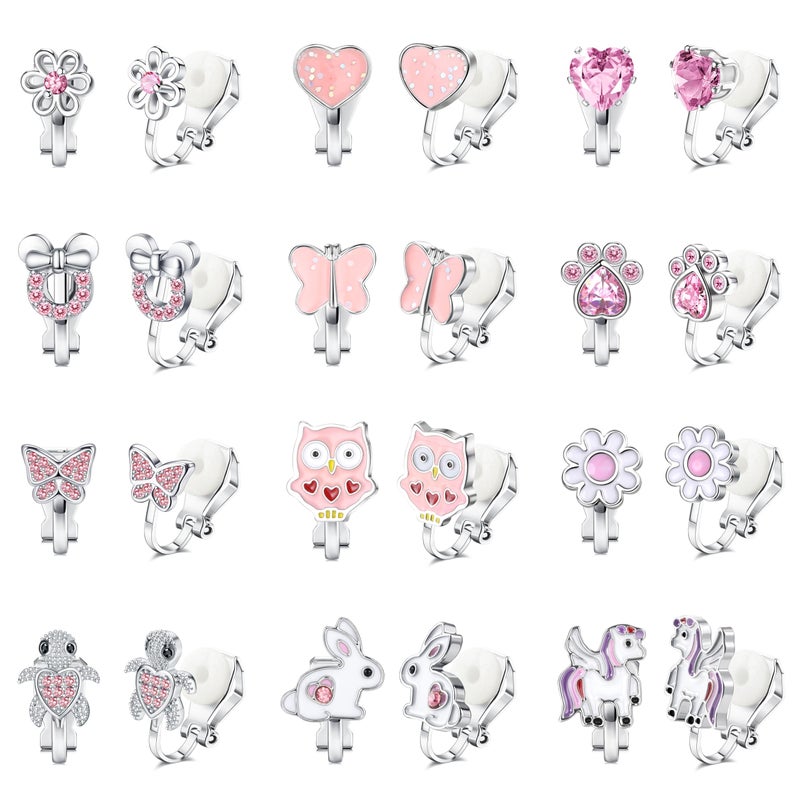 FUNRUN JEWELRY 12 Pairs Clip On Earrings for Women Hypoallergenic Fake Non Pierced Earrings Cute CZ Cat Fox Turtle Rainbow Flower Butterfly Heart Clip-On Earring Set Multicolored Silver A - Image 1