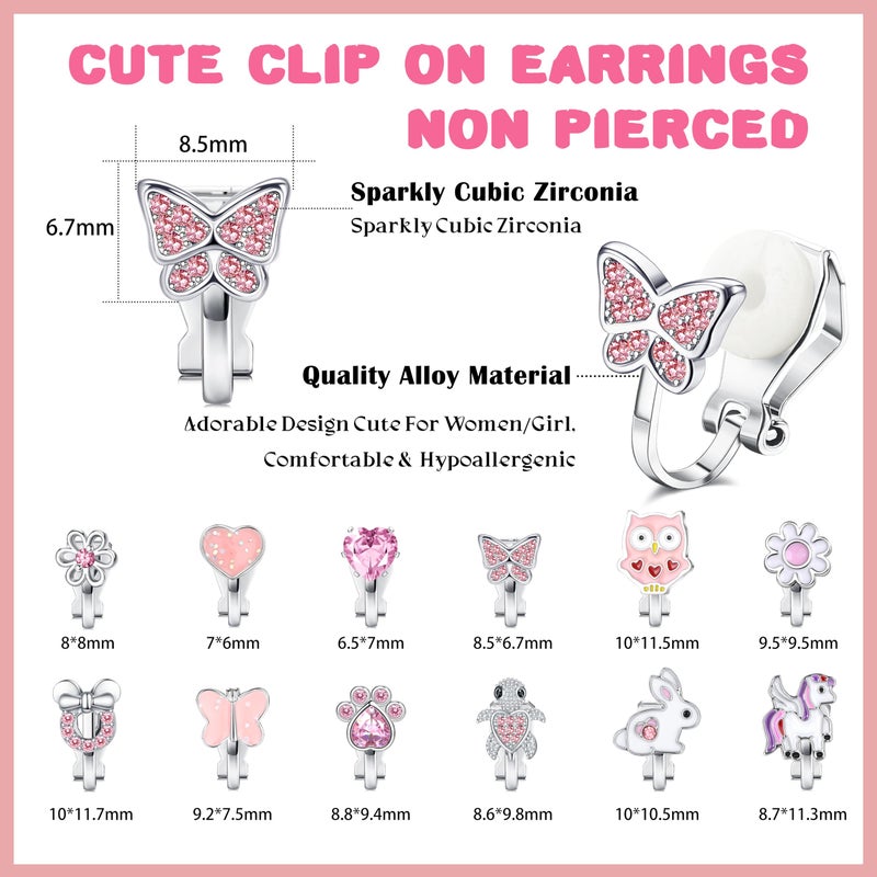 FUNRUN JEWELRY 12 Pairs Clip On Earrings for Women Hypoallergenic Fake Non Pierced Earrings Cute CZ Cat Fox Turtle Rainbow Flower Butterfly Heart Clip-On Earring Set Multicolored Silver A - Image 2