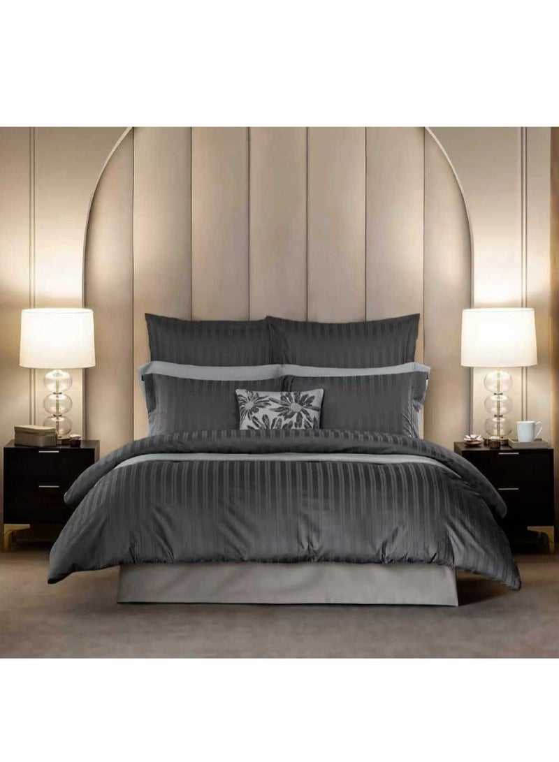 طقم غطاء لحاف قطني فاخر من إم إس مارت، مقاس كينج (6 قطع) - تصميم مخطط مزدوج باللون الرمادي الفحمي - Image 2