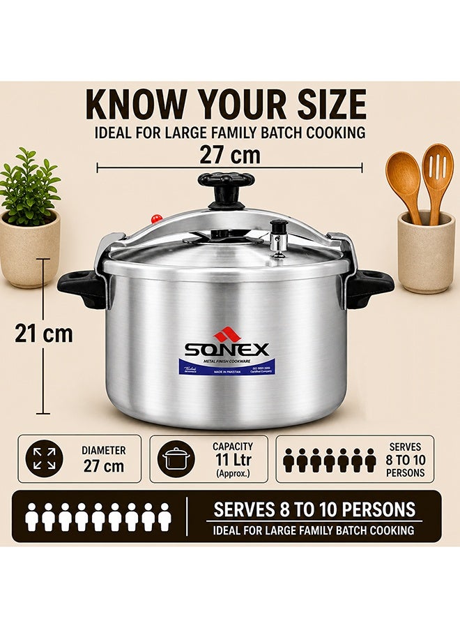 SONEX Classic Aluminium Pressure Cooker 11 Liter (27 cm), Heavy Duty Metal Finish Cooker, Extra Large Capacity, Inner Lid Locking System, Fast & Even Cooking, Ideal for Bulk Cooking & Gatherings - Image 2