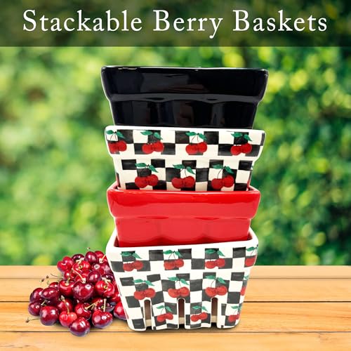 BIEN BEAU Ceramic Berry Basket -Checkered black and White with red Cherries pattern-Colander -Modern Kitchen Decor Fruit Bowls - Checkerboard Fruit Baskets, Farmer's Market Harvest Bowls Set of 4 - Image 4