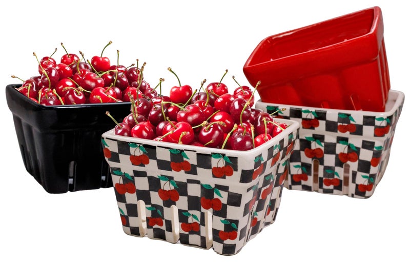 BIEN BEAU Ceramic Berry Basket -Checkered black and White with red Cherries pattern-Colander -Modern Kitchen Decor Fruit Bowls - Checkerboard Fruit Baskets, Farmer's Market Harvest Bowls Set of 4 - Image 2