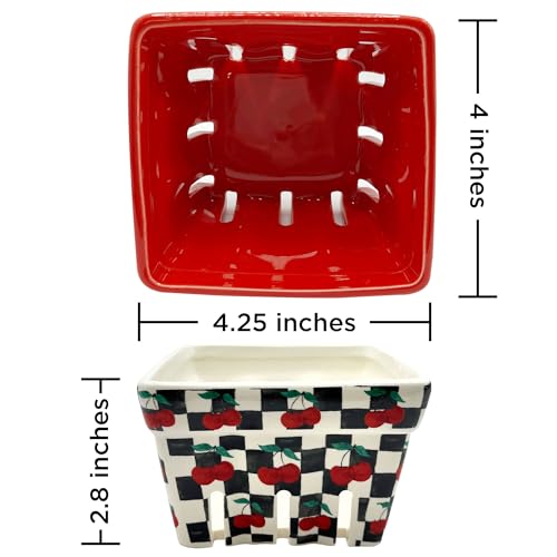 BIEN BEAU Ceramic Berry Basket -Checkered black and White with red Cherries pattern-Colander -Modern Kitchen Decor Fruit Bowls - Checkerboard Fruit Baskets, Farmer's Market Harvest Bowls Set of 4 - Image 5
